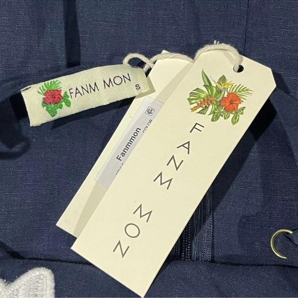 Fanm Mon LORR LINEN LATRICE DRESS Navy Flower Embroidered Pleated Pockets  $389 - Picture 12 of 15